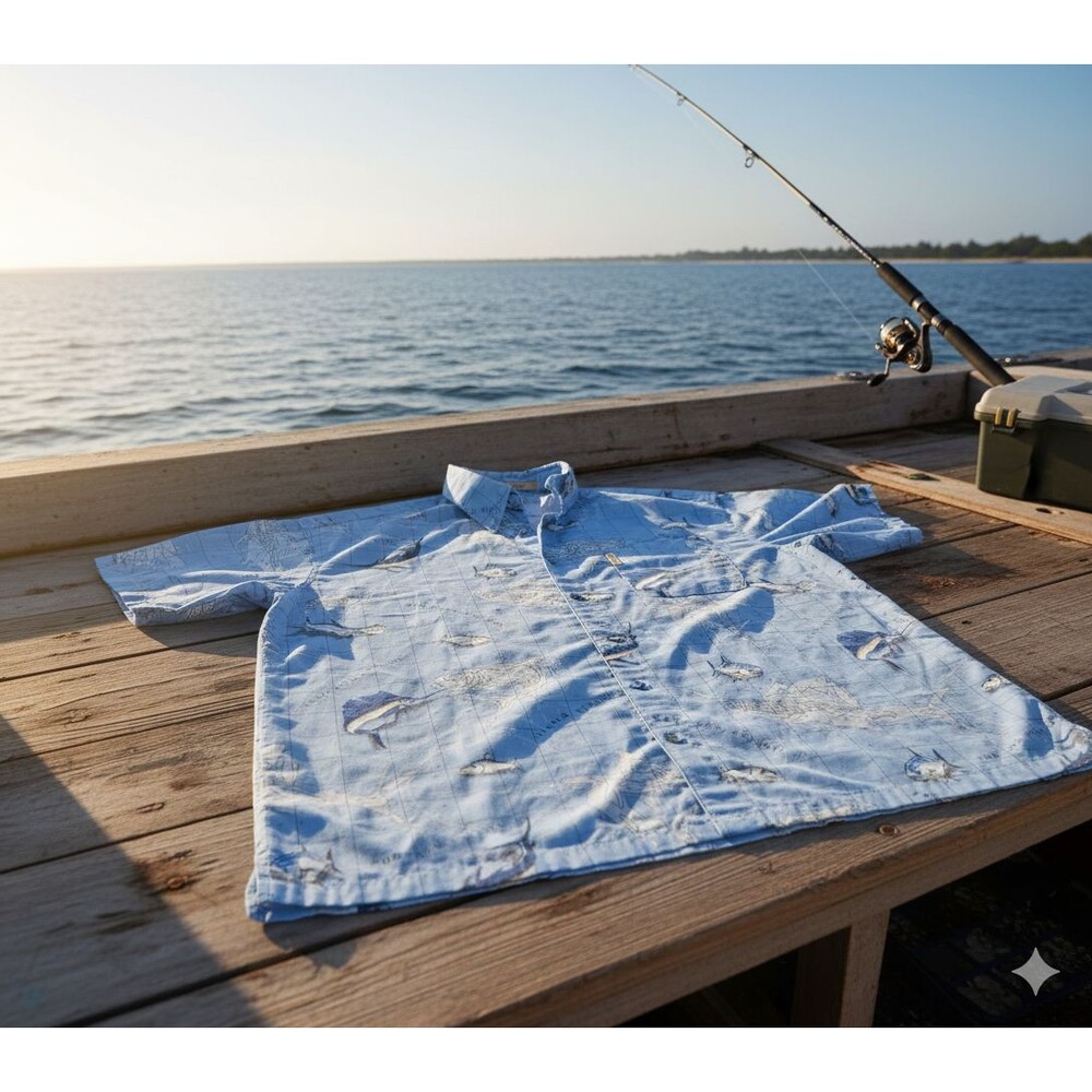 Columbia River Lodge Fish Ocean Map Mens Size XL Button Up Short Sleeve Shirt - Picture 2 of 8